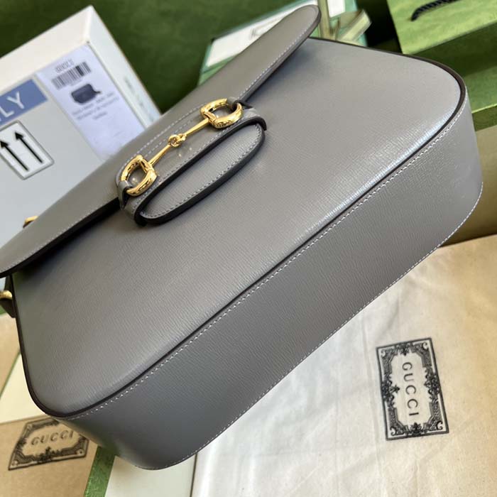 Gucci GG Unisex Horsebit 1955 Shoulder Bag Grey Leather Flap Closure
