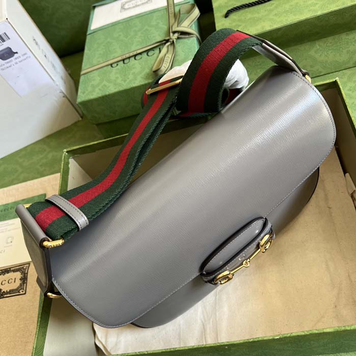 Gucci GG Unisex Horsebit 1955 Shoulder Bag Grey Leather Flap Closure