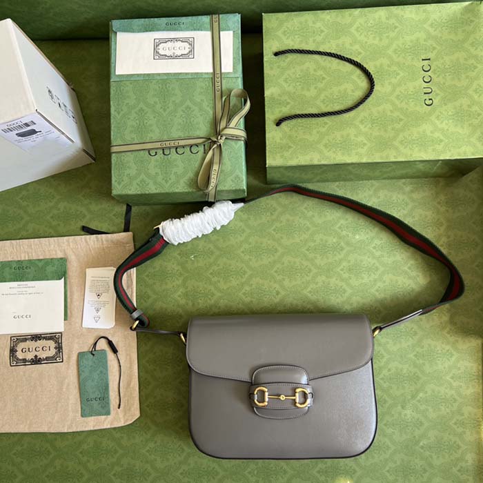 Gucci GG Unisex Horsebit 1955 Shoulder Bag Grey Leather Flap Closure