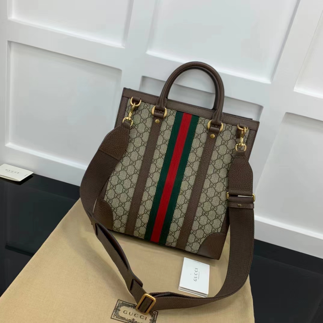 Gucci GG Unisex Ophidia Medium Tote Bag Beige Ebony GG Supreme Canvas
