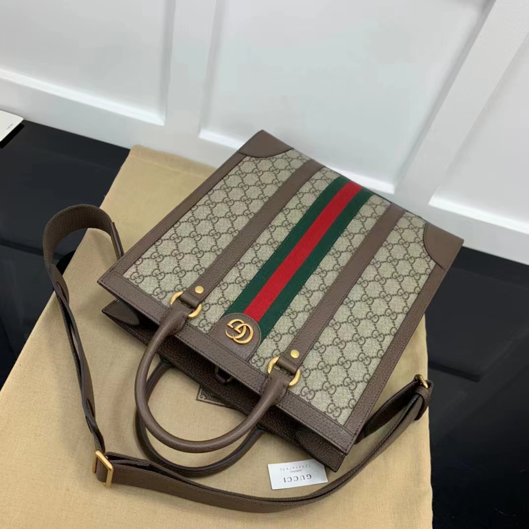 Gucci GG Unisex Ophidia Medium Tote Bag Beige Ebony GG Supreme Canvas