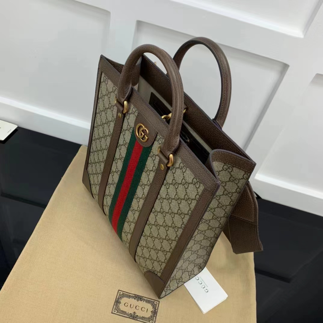 Gucci GG Unisex Ophidia Medium Tote Bag Beige Ebony GG Supreme Canvas