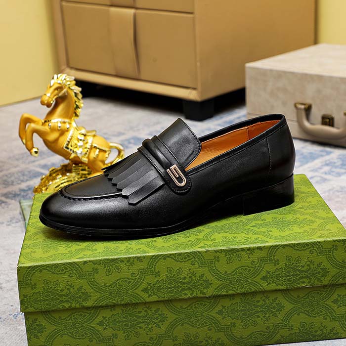 Gucci Men’s GG Loafer Mirrored G Black Leather Fringe Low 3 Cm Heel