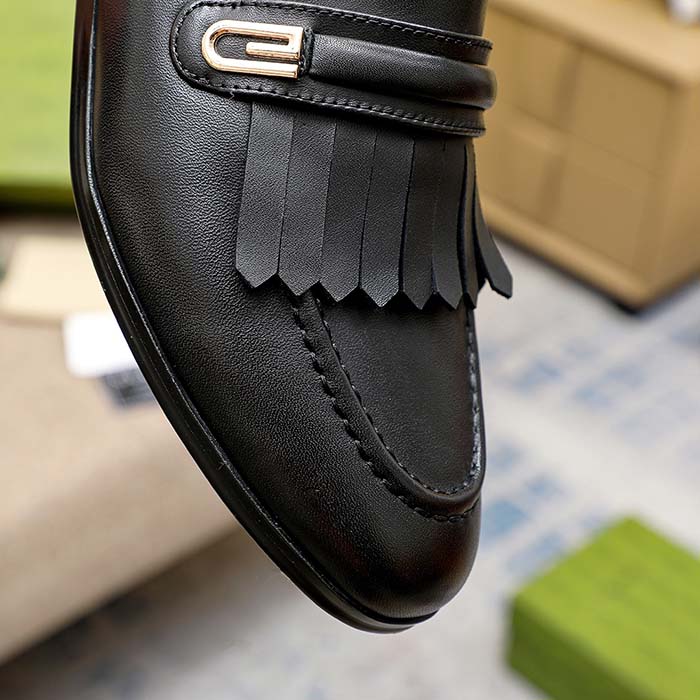 Gucci Men’s GG Loafer Mirrored G Black Leather Fringe Low 3 Cm Heel