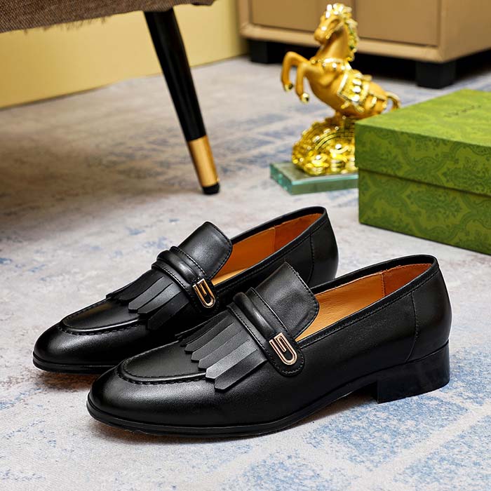 Gucci Men’s GG Loafer Mirrored G Black Leather Fringe Low 3 Cm Heel