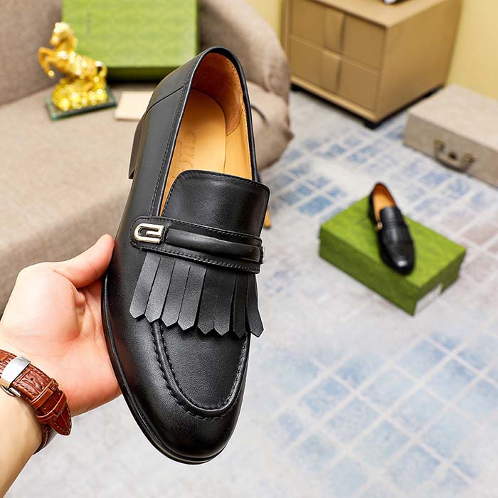 Gucci Men’s GG Loafer Mirrored G Black Leather Fringe Low 3 Cm Heel