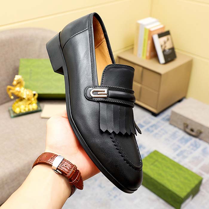 Gucci Men’s GG Loafer Mirrored G Black Leather Fringe Low 3 Cm Heel