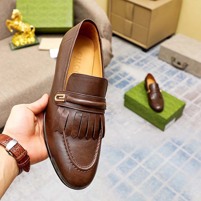 Gucci Men’s GG Loafer Mirrored G Brown Leather Fringe Low 3 Cm Heel