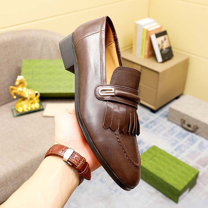 Gucci Men’s GG Loafer Mirrored G Brown Leather Fringe Low 3 Cm Heel