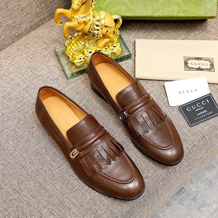 Gucci Men’s GG Loafer Mirrored G Brown Leather Fringe Low 3 Cm Heel
