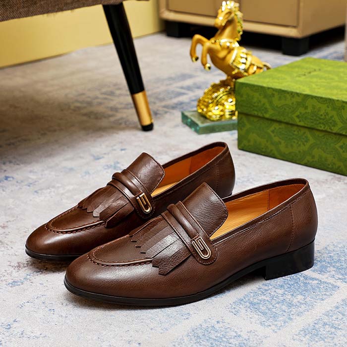 Gucci Men’s GG Loafer Mirrored G Brown Leather Fringe Low 3 Cm Heel