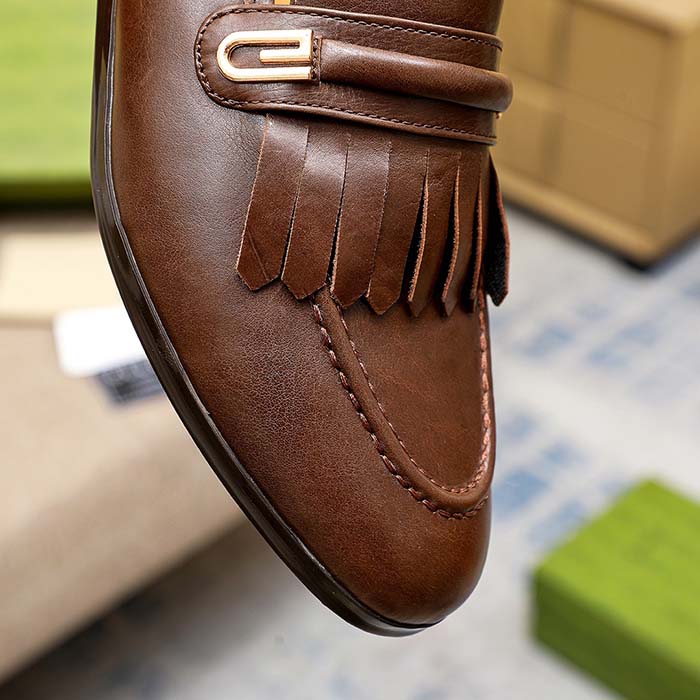 Gucci Men’s GG Loafer Mirrored G Brown Leather Fringe Low 3 Cm Heel