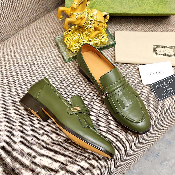 Gucci Men’s GG Loafer Mirrored G Dark Green Leather Fringe Low Heel
