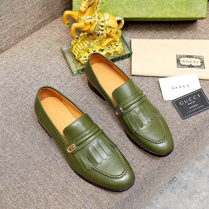 Gucci Men’s GG Loafer Mirrored G Dark Green Leather Fringe Low Heel