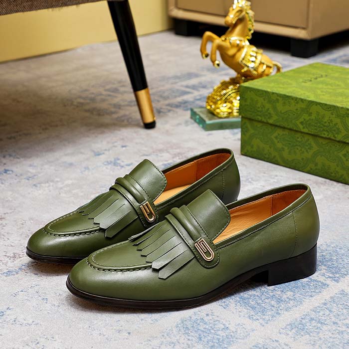 Gucci Men’s GG Loafer Mirrored G Dark Green Leather Fringe Low Heel