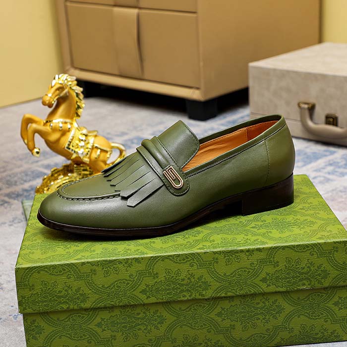 Gucci Men’s GG Loafer Mirrored G Dark Green Leather Fringe Low Heel