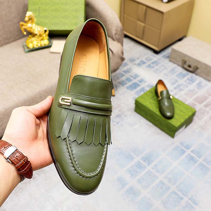 Gucci Men’s GG Loafer Mirrored G Dark Green Leather Fringe Low Heel