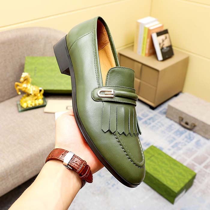 Gucci Men’s GG Loafer Mirrored G Dark Green Leather Fringe Low Heel