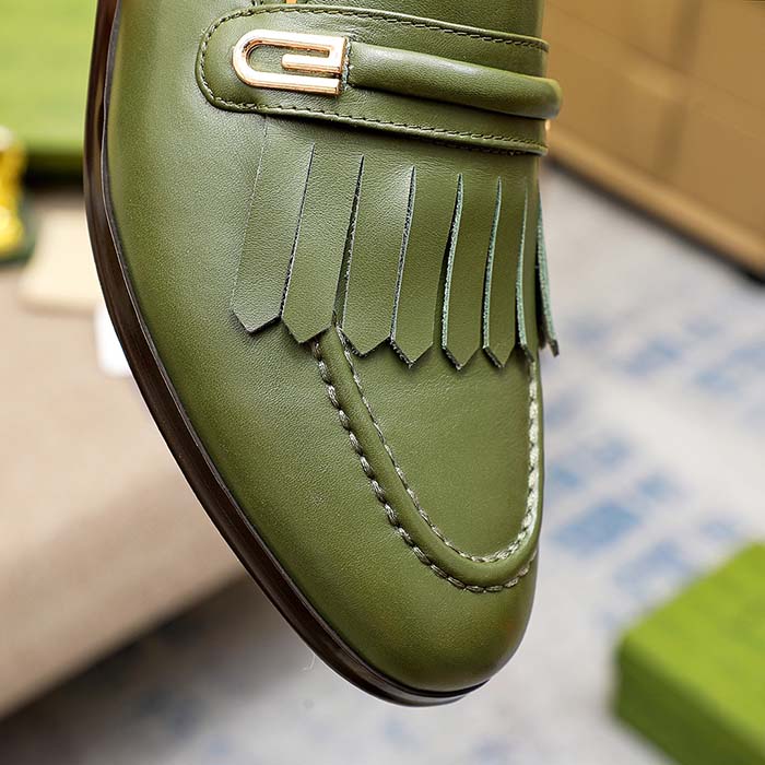 Gucci Men’s GG Loafer Mirrored G Dark Green Leather Fringe Low Heel