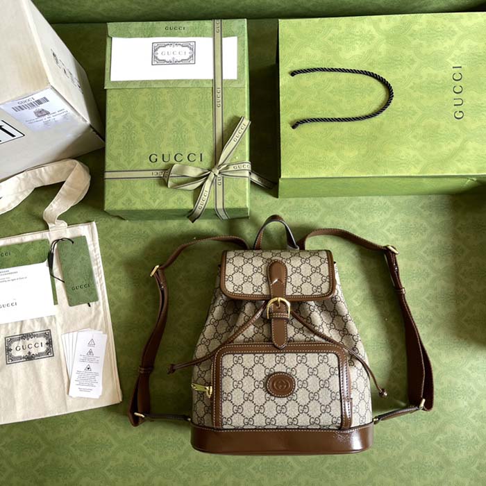 Gucci Unisex Backpack Interlocking G Beige Beige Ebony GG Supreme Canvas