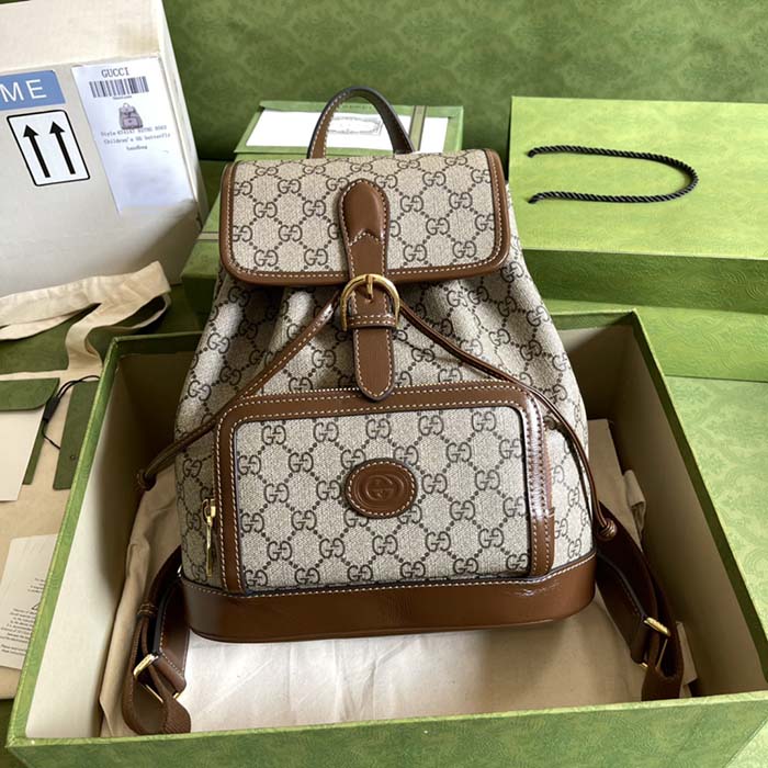 Gucci Unisex Backpack Interlocking G Beige Beige Ebony GG Supreme Canvas