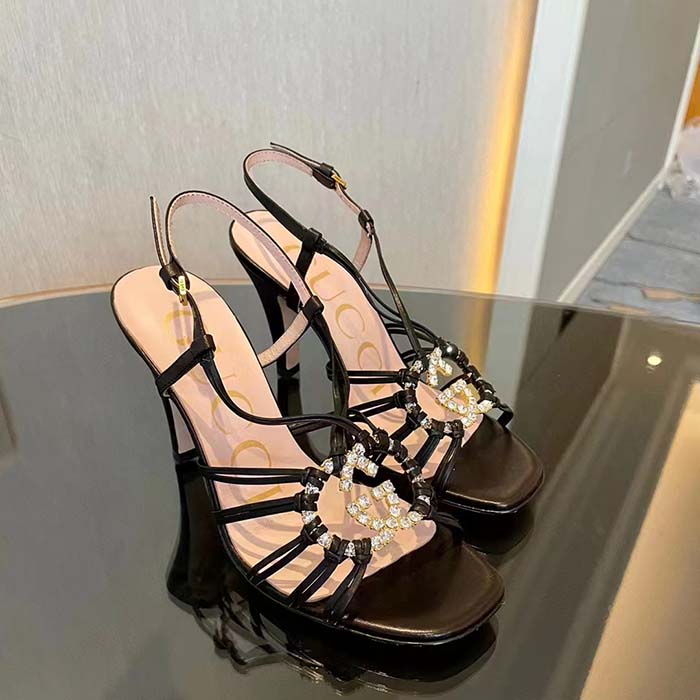 Gucci Women GG Sandal Interlocking G Black Leather High 9 Cm Heel
