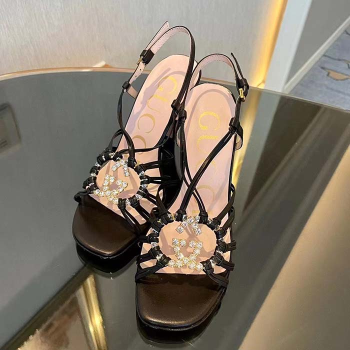 Gucci Women GG Sandal Interlocking G Black Leather High 9 Cm Heel