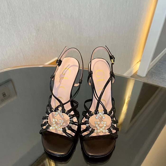 Gucci Women GG Sandal Interlocking G Black Leather High 9 Cm Heel