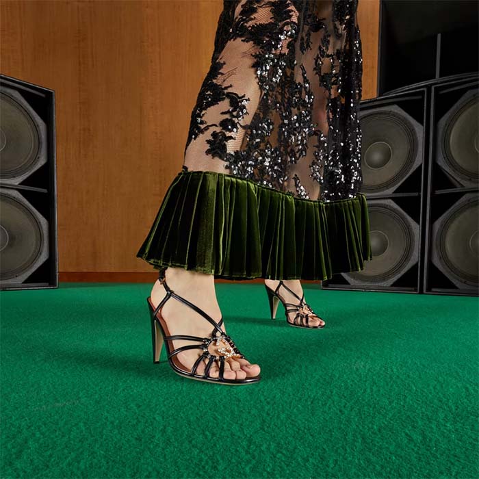 Gucci Women GG Sandal Interlocking G Black Leather High 9 Cm Heel