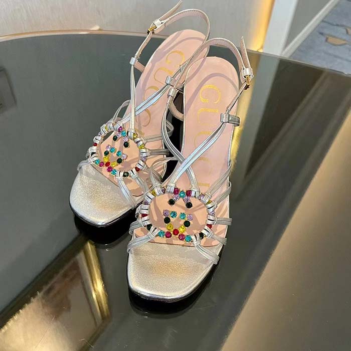 Gucci Women GG Sandal Interlocking G Silver Metallic Leather High 9 Cm Heel
