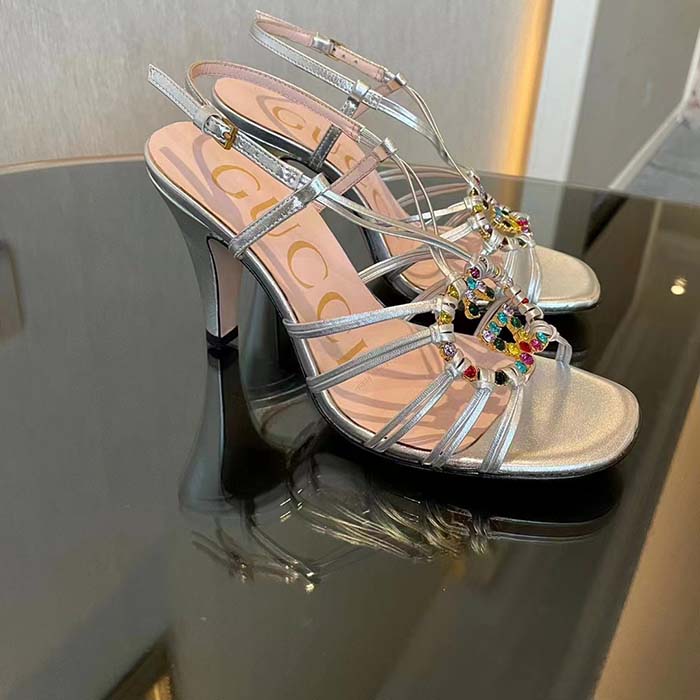 Gucci Women GG Sandal Interlocking G Silver Metallic Leather High 9 Cm Heel