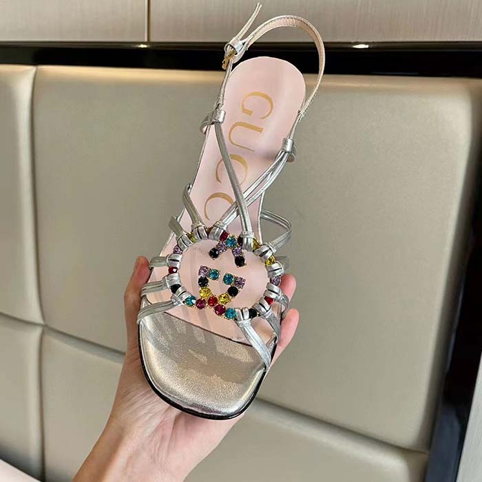 Gucci Women GG Sandal Interlocking G Silver Metallic Leather High 9 Cm Heel