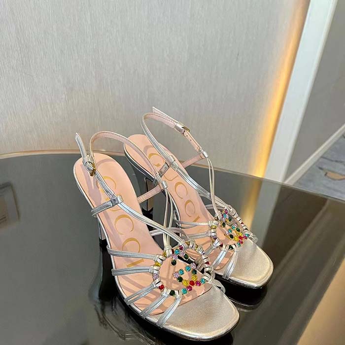 Gucci Women GG Sandal Interlocking G Silver Metallic Leather High 9 Cm Heel