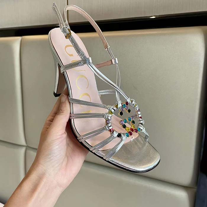Gucci Women GG Sandal Interlocking G Silver Metallic Leather High 9 Cm Heel