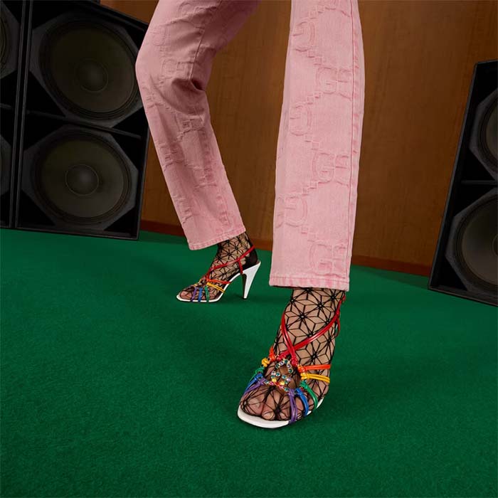 Gucci Women GG Sandal Interlocking G White Multicolor Leather High 9 Cm Heel