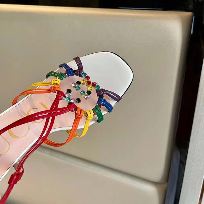 Gucci Women GG Sandal Interlocking G White Multicolor Leather High 9 Cm Heel