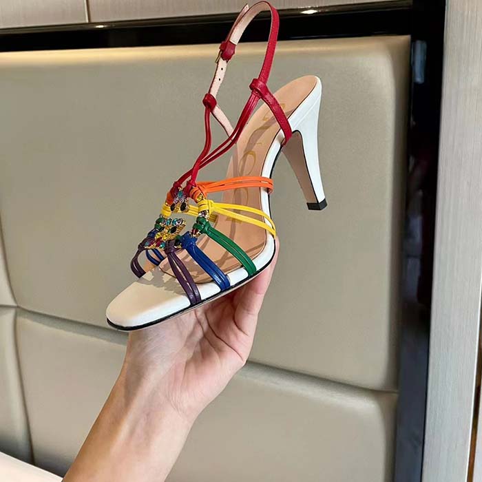 Gucci Women GG Sandal Interlocking G White Multicolor Leather High 9 Cm Heel