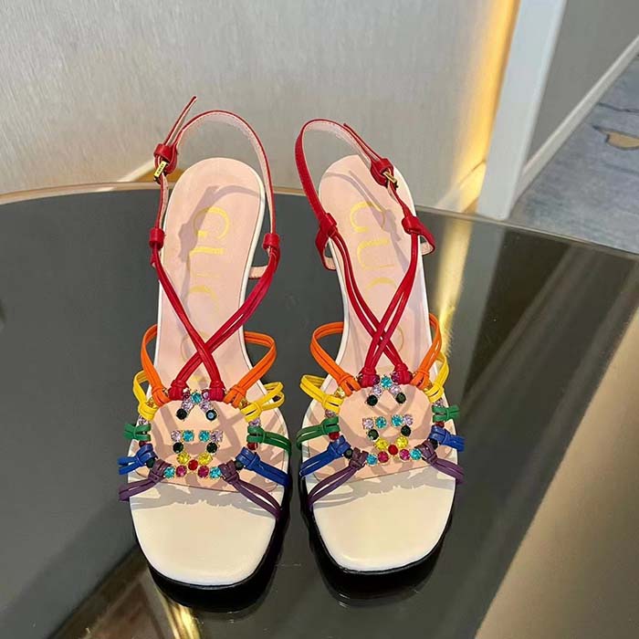 Gucci Women GG Sandal Interlocking G White Multicolor Leather High 9 Cm Heel