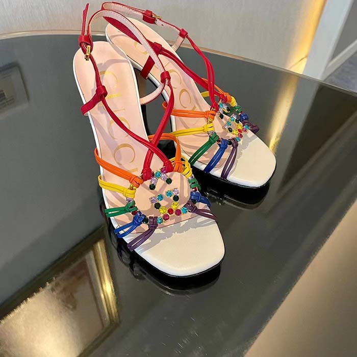 Gucci Women GG Sandal Interlocking G White Multicolor Leather High 9 Cm Heel