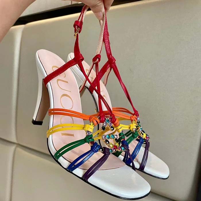 Gucci Women GG Sandal Interlocking G White Multicolor Leather High 9 Cm Heel