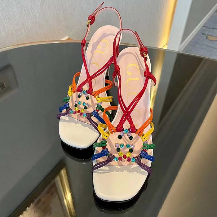Gucci Women GG Sandal Interlocking G White Multicolor Leather High 9 Cm Heel