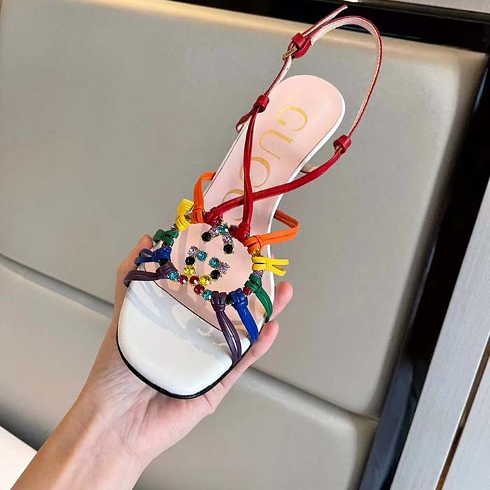 Gucci Women GG Sandal Interlocking G White Multicolor Leather High 9 Cm Heel