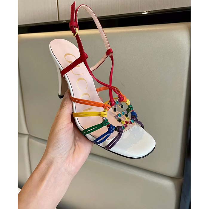Gucci Women GG Sandal Interlocking G White Multicolor Leather High 9 Cm Heel