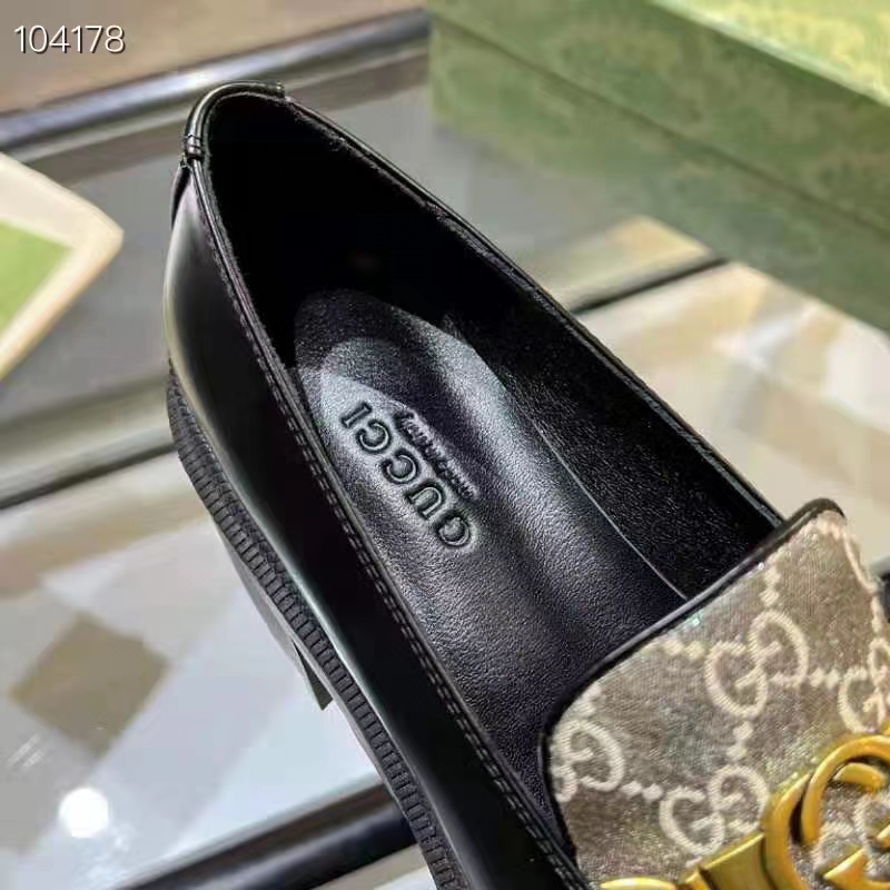Gucci Women Loafer Interlocking G Black Leather Beige Ebony GG Supreme Canvas