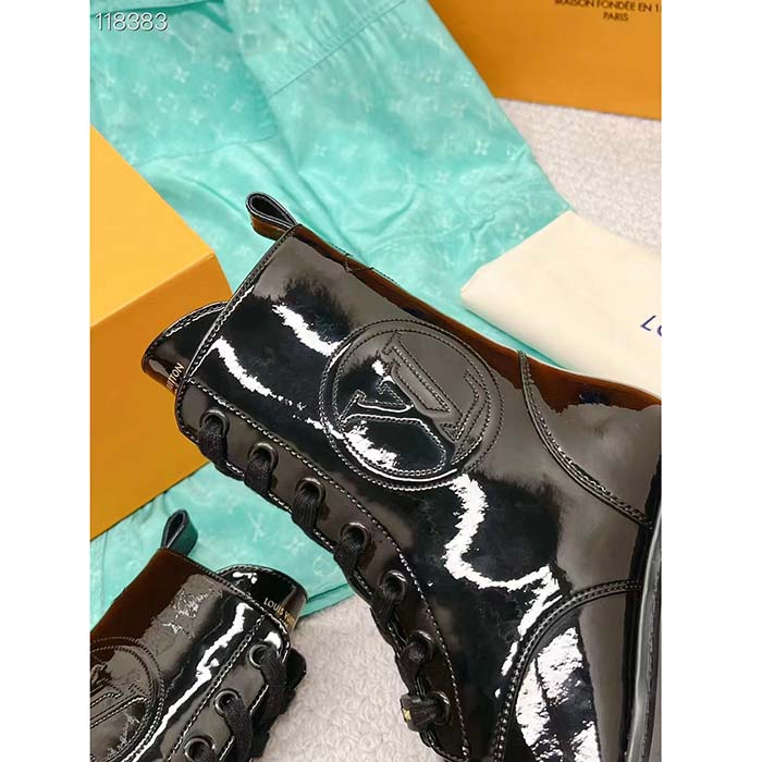 Louis Vuitton LV Women Territory Flat Ranger Black Patent Calf Leather Treaded Rubber
