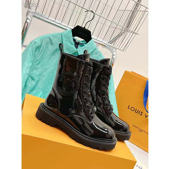 Louis Vuitton LV Women Territory Flat Ranger Black Patent Calf Leather Treaded Rubber