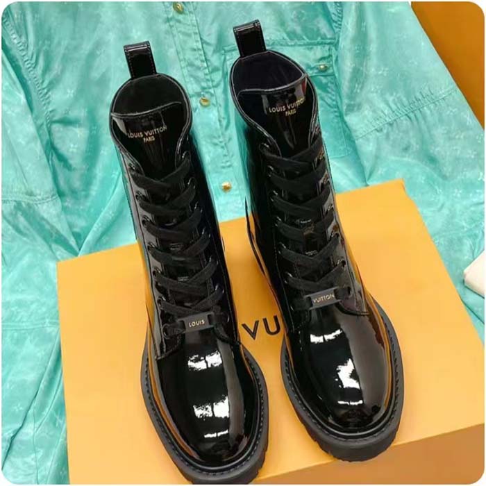 Louis Vuitton LV Women Territory Flat Ranger Black Patent Calf Leather Treaded Rubber