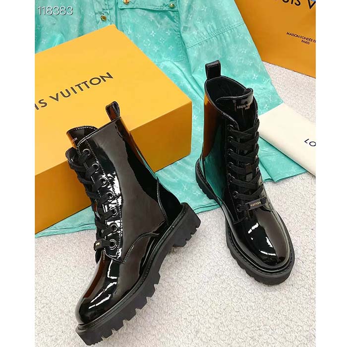 Louis Vuitton LV Women Territory Flat Ranger Black Patent Calf Leather Treaded Rubber
