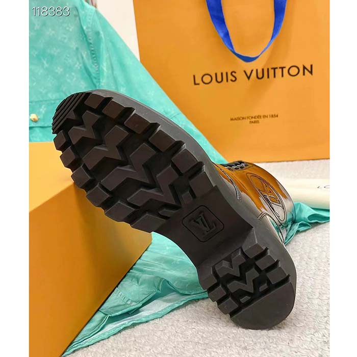Louis Vuitton LV Women Territory Flat Ranger Black Patent Calf Leather Treaded Rubber