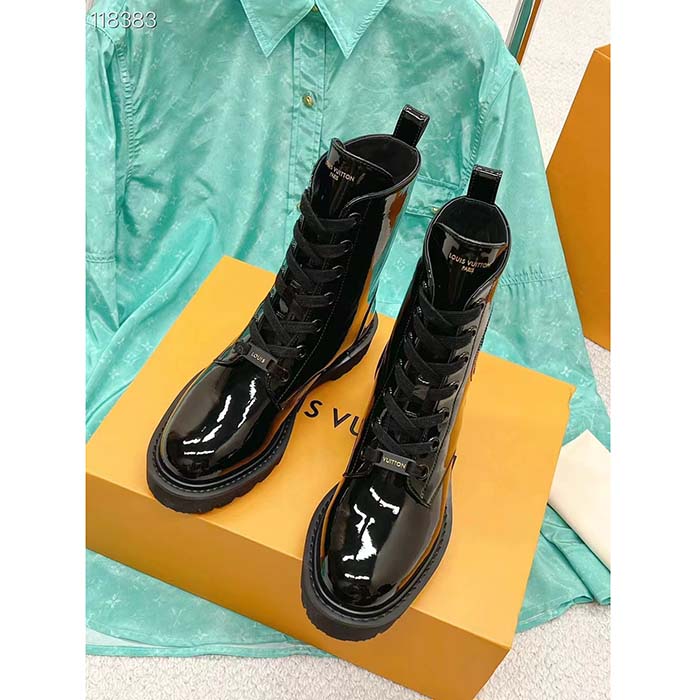 Louis Vuitton LV Women Territory Flat Ranger Black Patent Calf Leather Treaded Rubber